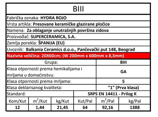 Zidne pločice HYDRA ROJO 20x60