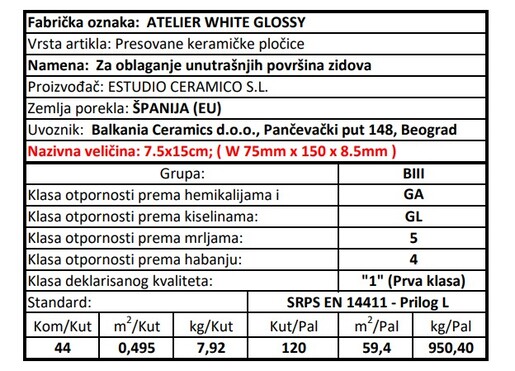 Zidne pločice ATELIER RURAL WHITE GLOSSY 7,5x15