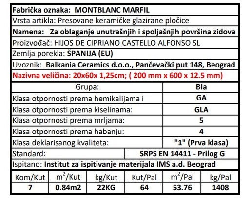 Zidne pločice MONTBLANC MARFIL 20x60