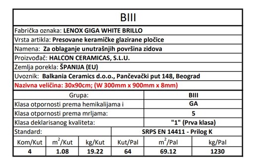 Zidne pločice LENOX GIGA WHITE BRILLO 30x90