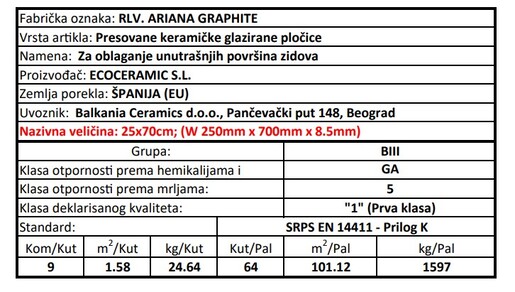 Zidne pločice RLV. ARIANA GRAPHITE 25x70