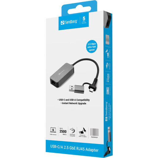 USB adpater Sandberg 136-68 USB-C/A na RJ-45 Gigabit