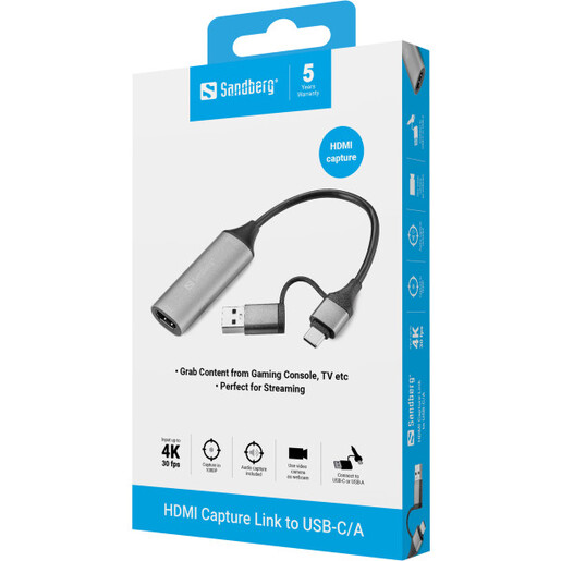 Adapter HDMI capture na USB-C/A Sandberg 136-70