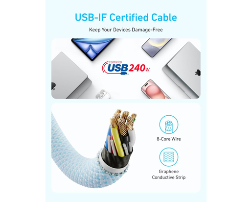 ANKER Zolo USB tip-C kabl M/M 1m, za Apple, super brzo punjenje 240W/480Mbps, pleteni, beli