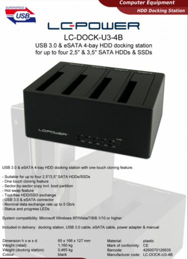 HDD D. Station 4-bay LC-DOCK-U3-4B 4xSSD/HDD, Black, USB 3.0/eSATA