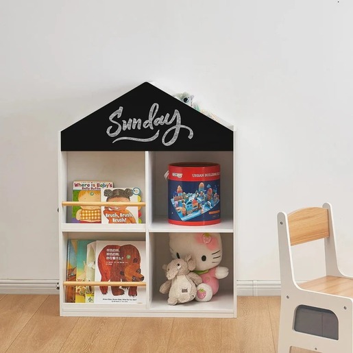 KINDER HOME Dečija polica za igračke i knjige, Kućica sa policama i tablom za crtanje, Montesori, Bela