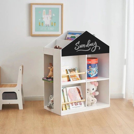 KINDER HOME Dečija polica za igračke i knjige, Kućica sa policama i tablom za crtanje, Montesori, Bela