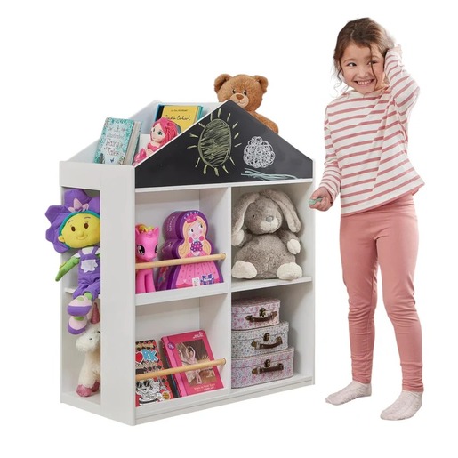 KINDER HOME Dečija polica za igračke i knjige, Kućica sa policama i tablom za crtanje, Montesori, Bela