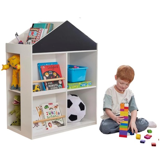 KINDER HOME Dečija polica za igračke i knjige, Kućica sa policama i tablom za crtanje, Montesori, Bela