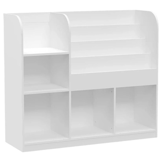 KINDER HOME Dečiji organizator, polica za knjige sa policama za igračke i knjige, 3 tekstilne kutije, drveni, beli, 92x30x80 cm, Montesori