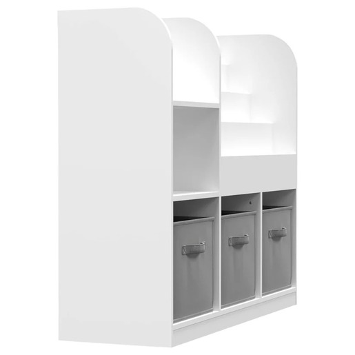 KINDER HOME Dečiji organizator, polica za knjige sa policama za igračke i knjige, 3 tekstilne kutije, drveni, beli, 92x30x80 cm, Montesori