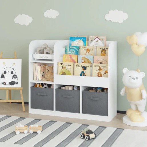 KINDER HOME Dečiji organizator, polica za knjige sa policama za igračke i knjige, 3 tekstilne kutije, drveni, beli, 92x30x80 cm, Montesori