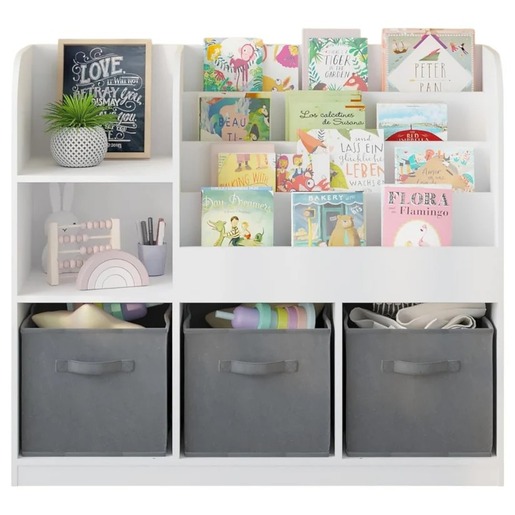 KINDER HOME Dečiji organizator, polica za knjige sa policama za igračke i knjige, 3 tekstilne kutije, drveni, beli, 92x30x80 cm, Montesori