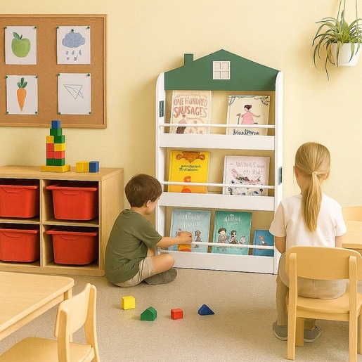 KINDER HOME Dečija polica za knjige i igračke – Kuća, 3 police, drvo