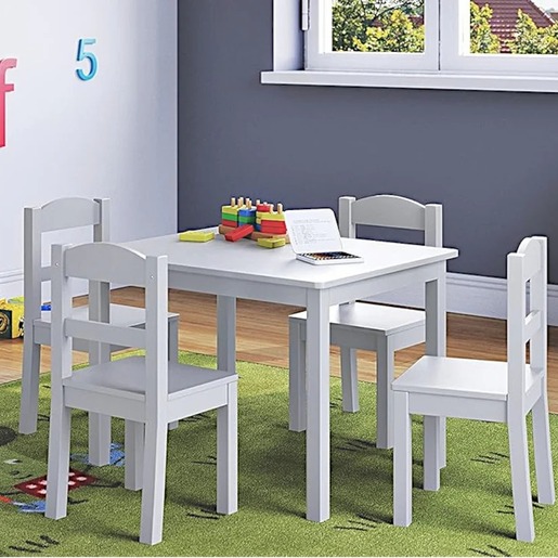 KINDER HOME Dečiji sto sa 4 stolice, drveni set za igru i učenje, beli