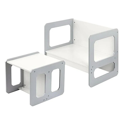 KINDER HOME Montesori dečiji sto i stolica, drveni set 3 u 1, belo sivi