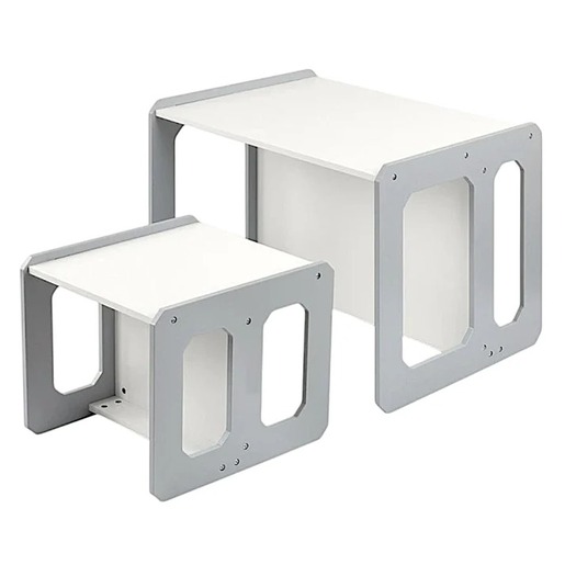 KINDER HOME Montesori dečiji sto i stolica, drveni set 3 u 1, belo sivi