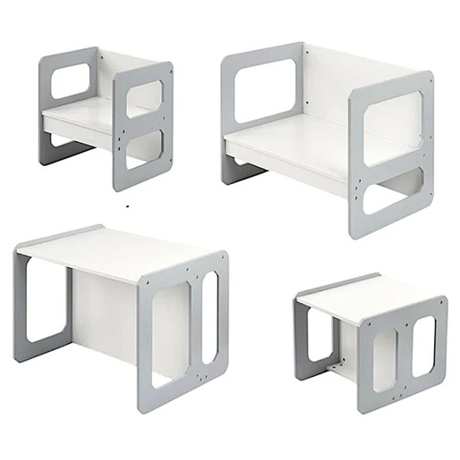 KINDER HOME Montesori dečiji sto i stolica, drveni set 3 u 1, belo sivi