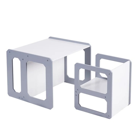 KINDER HOME Montesori dečiji sto i stolica, drveni set 3 u 1, belo sivi