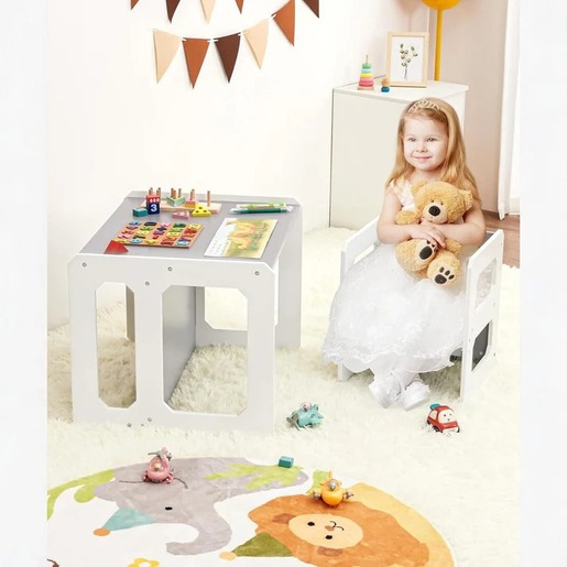 KINDER HOME Montesori dečiji sto i stolica, drveni set 3 u 1, belo sivi