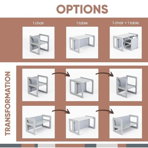 KINDER HOME Montesori dečiji sto i stolica, drveni set 3 u 1, belo sivi