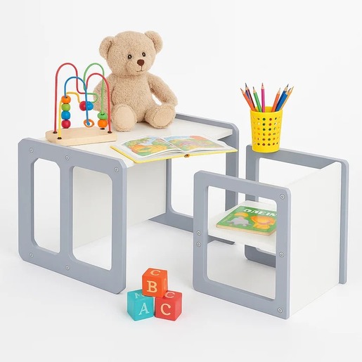 KINDER HOME Montesori dečiji sto i stolica, drveni set 3 u 1, belo sivi