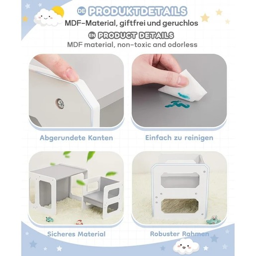 KINDER HOME Montesori dečiji sto i stolica, drveni set 3 u 1, belo sivi