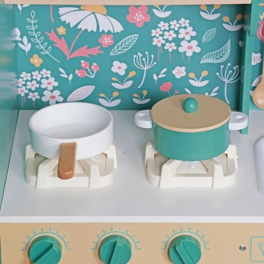 KINDER HOME Dečija drvena kuhinja – vintage stil sa elektronskim pločama za kuvanje, svetlima, zvucima i funkcionalnim dodacima