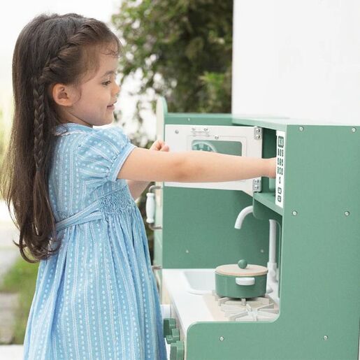 KINDER HOME Dečija drvena kuhinja – vintage stil sa elektronskim pločama za kuvanje, svetlima, zvucima i funkcionalnim dodacima