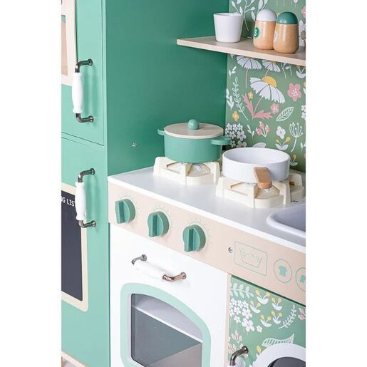 KINDER HOME Dečija drvena kuhinja – vintage stil sa elektronskim pločama za kuvanje, svetlima, zvucima i funkcionalnim dodacima
