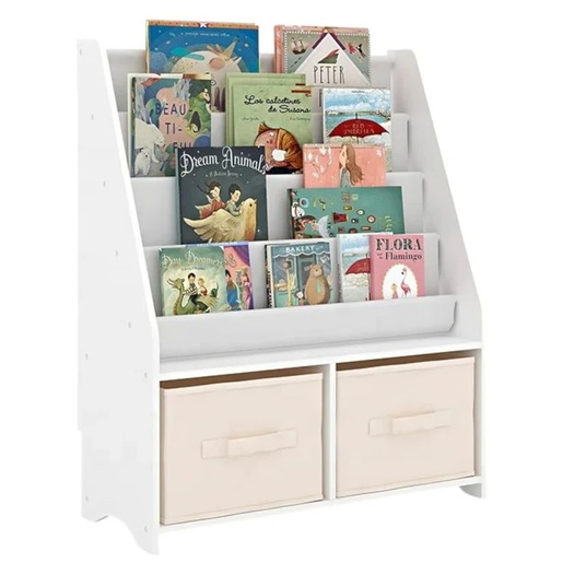 KINDER HOME Dečiji drveni organizator 2 u 1, polica za knjige i kutije za odlaganje igračaka