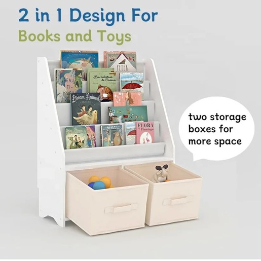 KINDER HOME Dečiji drveni organizator 2 u 1, polica za knjige i kutije za odlaganje igračaka