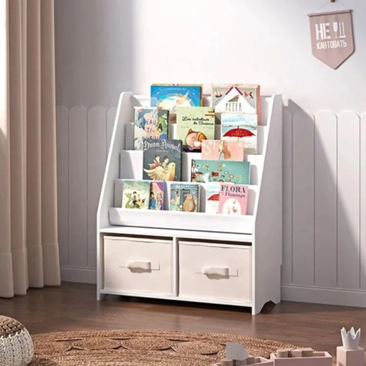 KINDER HOME Dečiji drveni organizator 2 u 1, polica za knjige i kutije za odlaganje igračaka