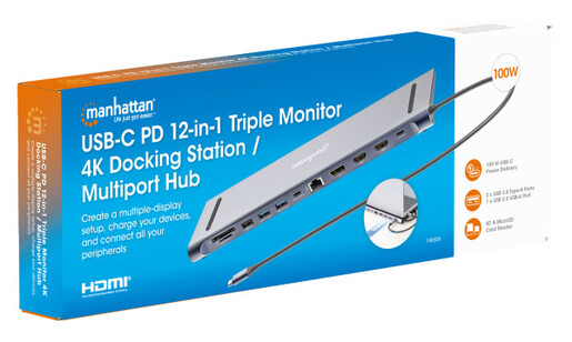 Docking station Manhattan 12in1 USB-C 100W-2xHDMI/DP/GLAN/3xUSB/USB-C 190305