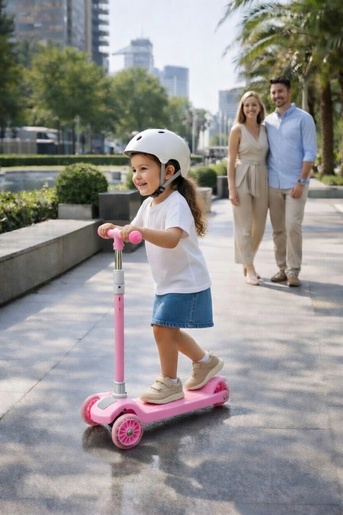 Roze sklopivi dečiji trotinet sa svetlećim točkovima i podesivom visinom