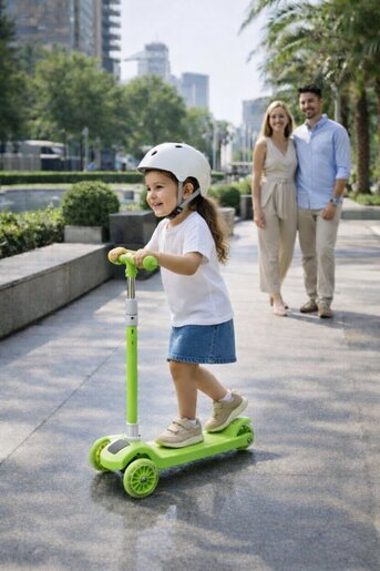 Zeleni sklopivi dečiji trotinet sa svetlećim točkovima i podesivom visinom
