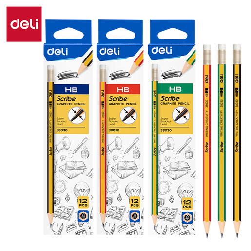 DELI GRAFITNE OLOVKE  ŽUTO-PLAVE I CRVENE HB SA GUMICOM 1/12 E38030