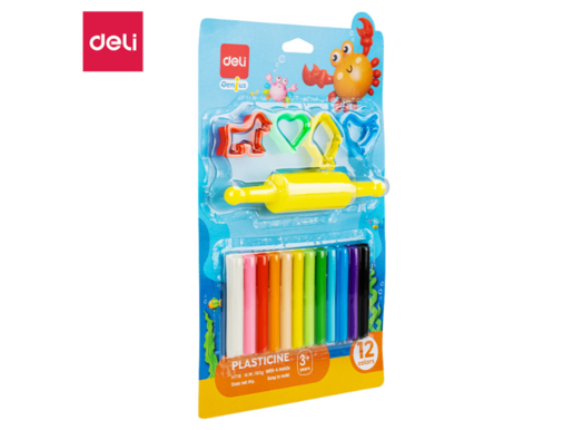 DELI PLASTELIN  160G - 12 BOJA SA 1 ROLEROM I 4 ŠABLONA EH716