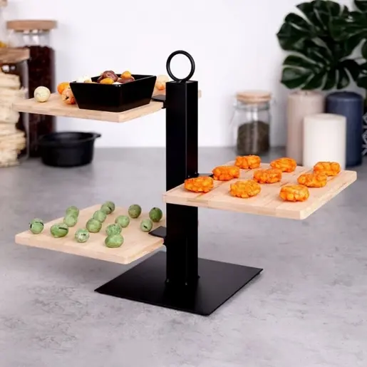 Vilde 139213 - Trospratni stalak za torte od bambusa sa činijom – 32 × 32 × 26,5