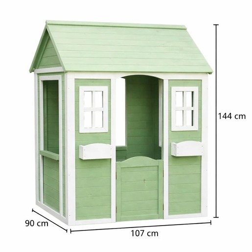 KINDER HOME Dečija drvena kućica za igru na otvorenom – baštenska kućica za decu, zelena i bela, 107×90×144 cm C1101