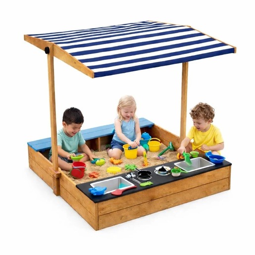 KINDER HOME Dečiji drveni peskarnik za igru 3 u 1 sa kuhinjom, klupom i suncobranom sa UV zaštitom 2550