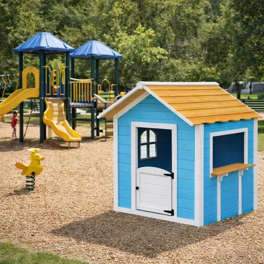 KINDER HOME Dečija drvena kućica za igru – Za igranje uloga, dvorište i baštu, plava, 118×138×132,5 WKP-1113
