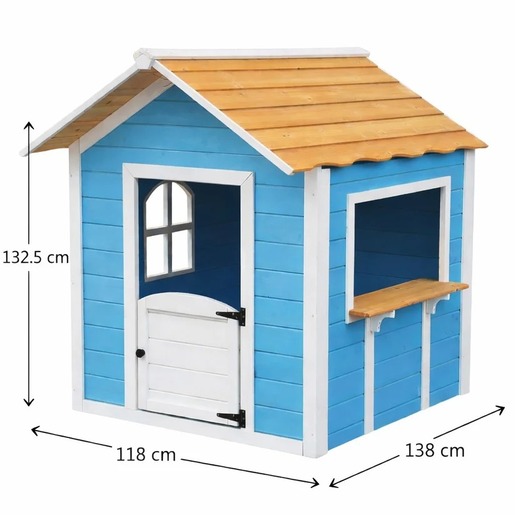 KINDER HOME Dečija drvena kućica za igru – Za igranje uloga, dvorište i baštu, plava, 118×138×132,5 WKP-1113