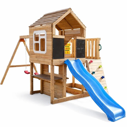 KINDER HOME Velika dečija drvena kućica za igru za dvorište sa toboganom, 2 ljuljaške, penjalicom i peskarnikom – 250×150×267 cm SH3