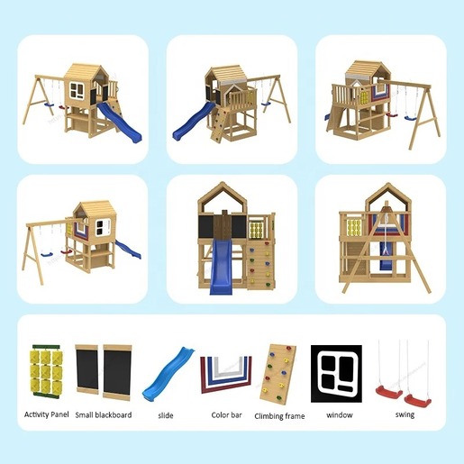 KINDER HOME Velika dečija drvena kućica za igru za dvorište sa toboganom, 2 ljuljaške, penjalicom i peskarnikom – 250×150×267 cm SH3
