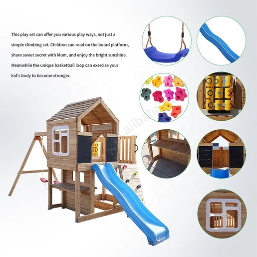 KINDER HOME Velika dečija drvena kućica za igru za dvorište sa toboganom, 2 ljuljaške, penjalicom i peskarnikom – 250×150×267 cm SH3