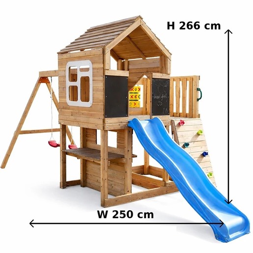 KINDER HOME Velika dečija drvena kućica za igru za dvorište sa toboganom, 2 ljuljaške, penjalicom i peskarnikom – 250×150×267 cm SH3