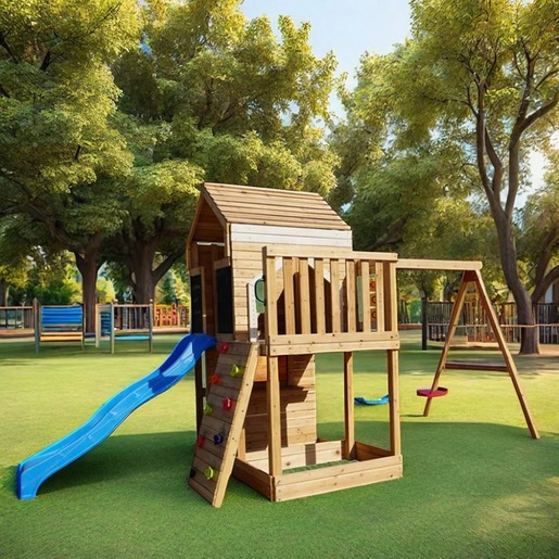 KINDER HOME Velika dečija drvena kućica za igru za dvorište sa toboganom, 2 ljuljaške, penjalicom i peskarnikom – 250×150×267 cm SH3