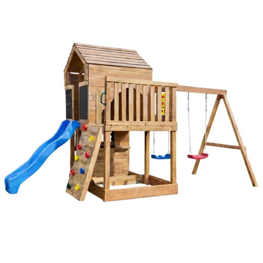 KINDER HOME Velika dečija drvena kućica za igru za dvorište sa toboganom, 2 ljuljaške, penjalicom i peskarnikom – 250×150×267 cm SH3