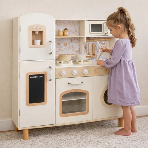 KINDER HOME Dečija drvena kuhinja – vintage stil sa elektronskim pločama za kuvanje, svetlima, zvucima i funkcionalnim dodacima V10C790F